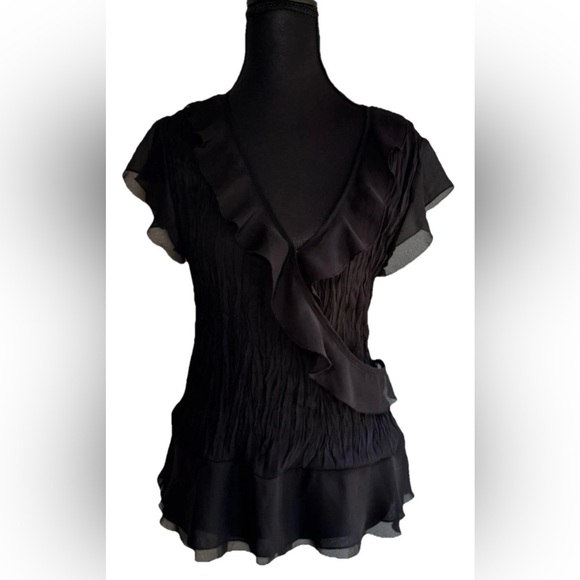 Allison Taylor Sheer Blouse Women’s Large Black V-Neck Short Sleeve Layered - Picture 1 of 7